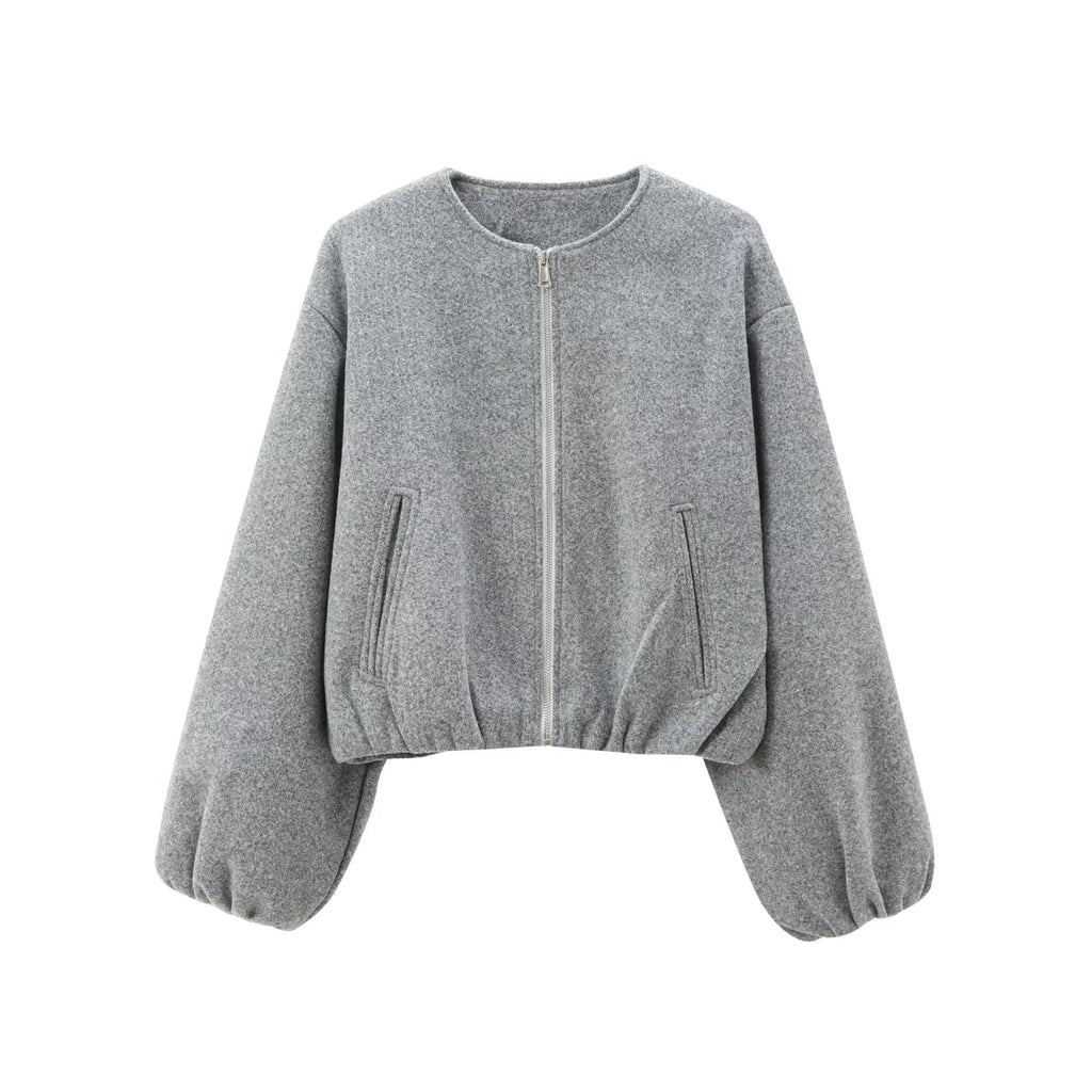 HXAO Outerwears Kurze Bomberjacke Damen Herbst Langarm Kunstwollmäntel Für Damen Winter Reißverschluss Grau Beige Kurze Mäntel