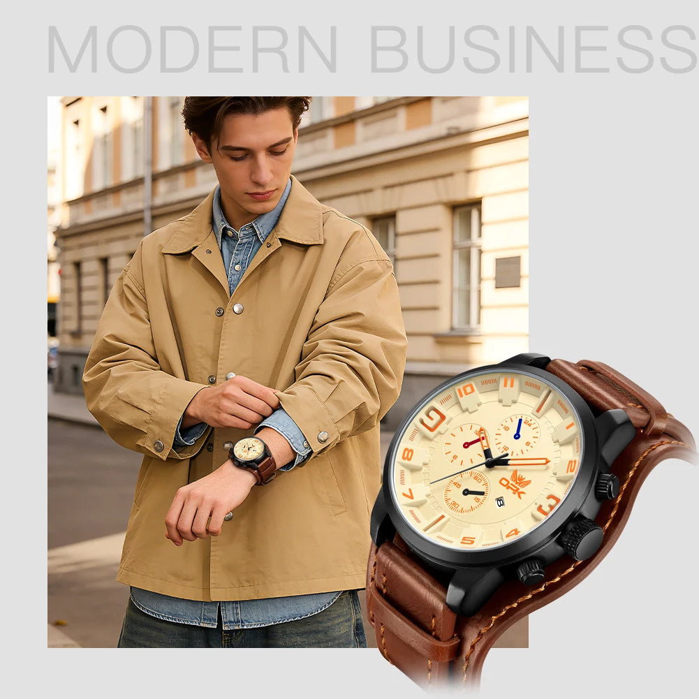 OPK 6091 Man Watch 47mm Large Dial Chronograph Date Waterproof Watches Original Leather Strap Fashion Retro Quartz Watch for Men