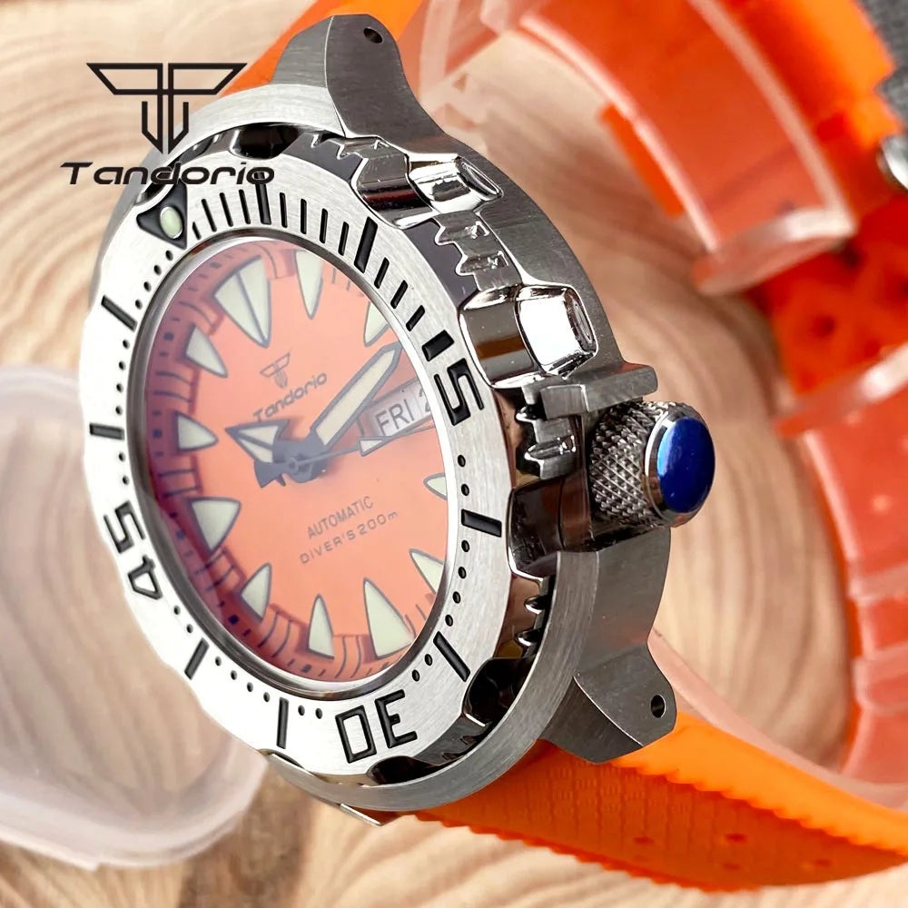 Tandorio Monster Dive NH36 42mm Mechanical Automatic Men Watch 20ATM AR Sapphire Crystal Wristwatch Date Week Green Luminous