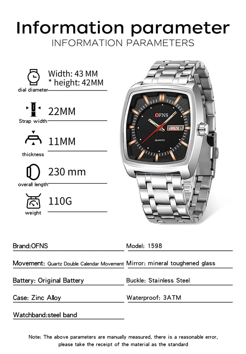 2026 Fashion Ofns Top Brand Simple Full Steel Belt Quartz Watch High Value Wine Barrel Square Waterproof Luminous Business Men's