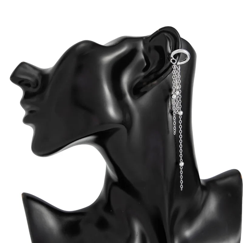 Imitation Pearl Metal Chain Long Tassel C - Shaped No Ear Holes Earbone Clip for Women Temperament Clip Earrings Jewelry Korean