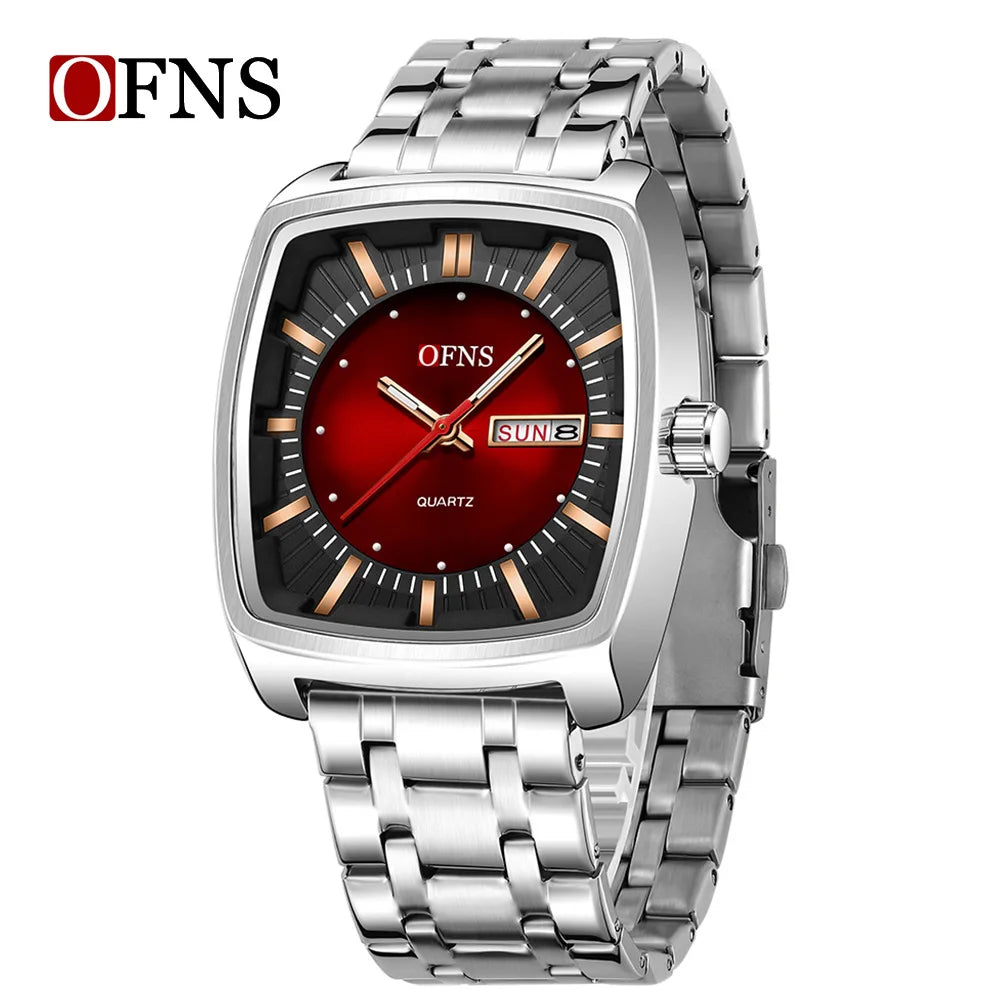 2026 Fashion Ofns Top Brand Simple Full Steel Belt Quartz Watch High Value Wine Barrel Square Waterproof Luminous Business Men's