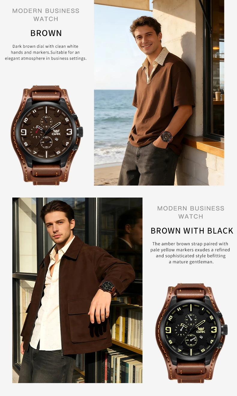 OPK 6091 Man Watch 47mm Large Dial Chronograph Date Waterproof Watches Original Leather Strap Fashion Retro Quartz Watch for Men