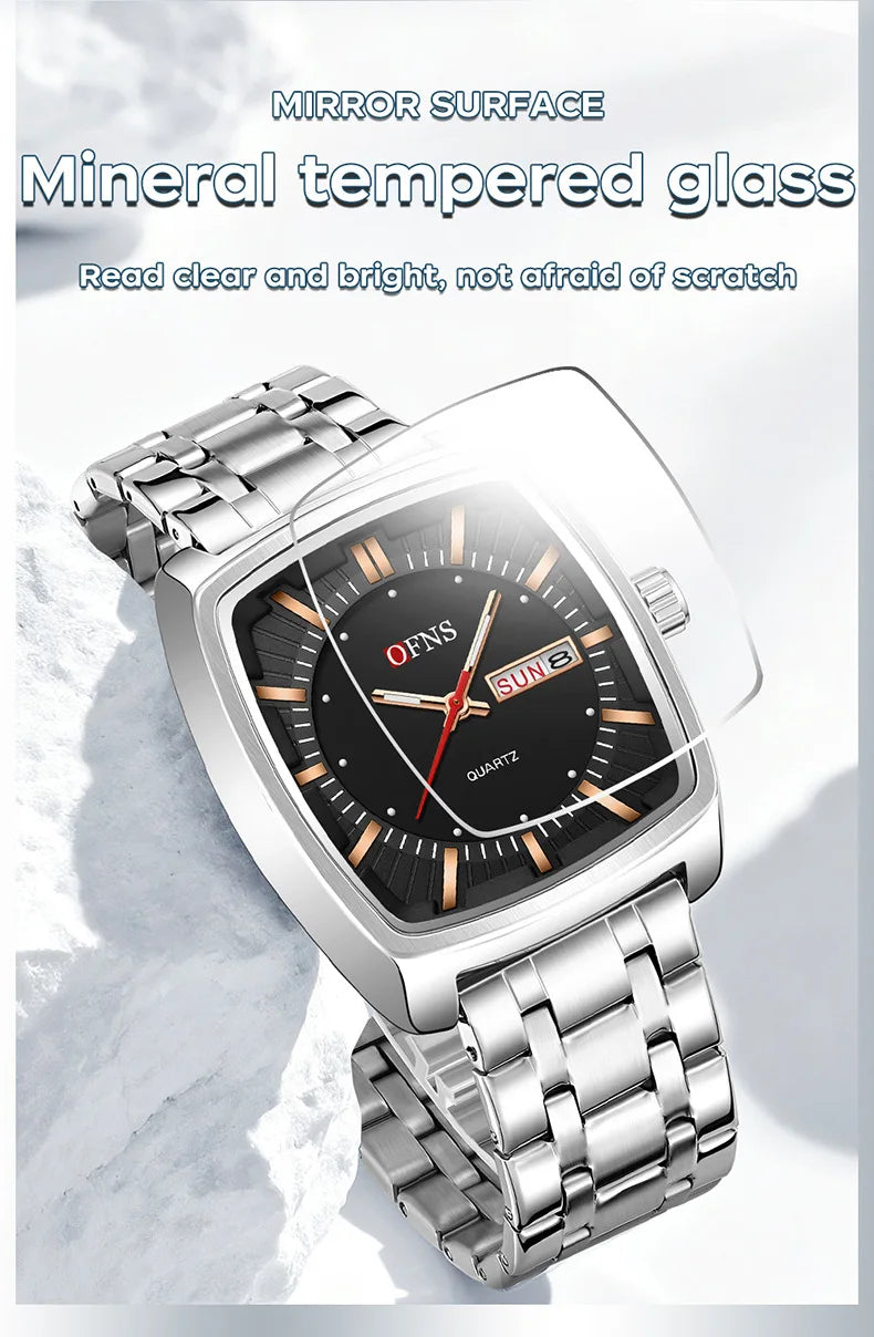 2026 Fashion Ofns Top Brand Simple Full Steel Belt Quartz Watch High Value Wine Barrel Square Waterproof Luminous Business Men's