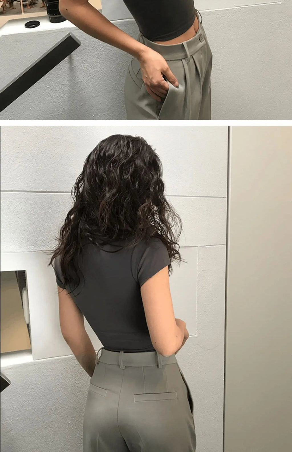 Summer Short Sleeve T-Shirt Women's High Waist Wide Leg Pants U-Neck Short Top Trendy Korean Style Commute Pure Color Shirt