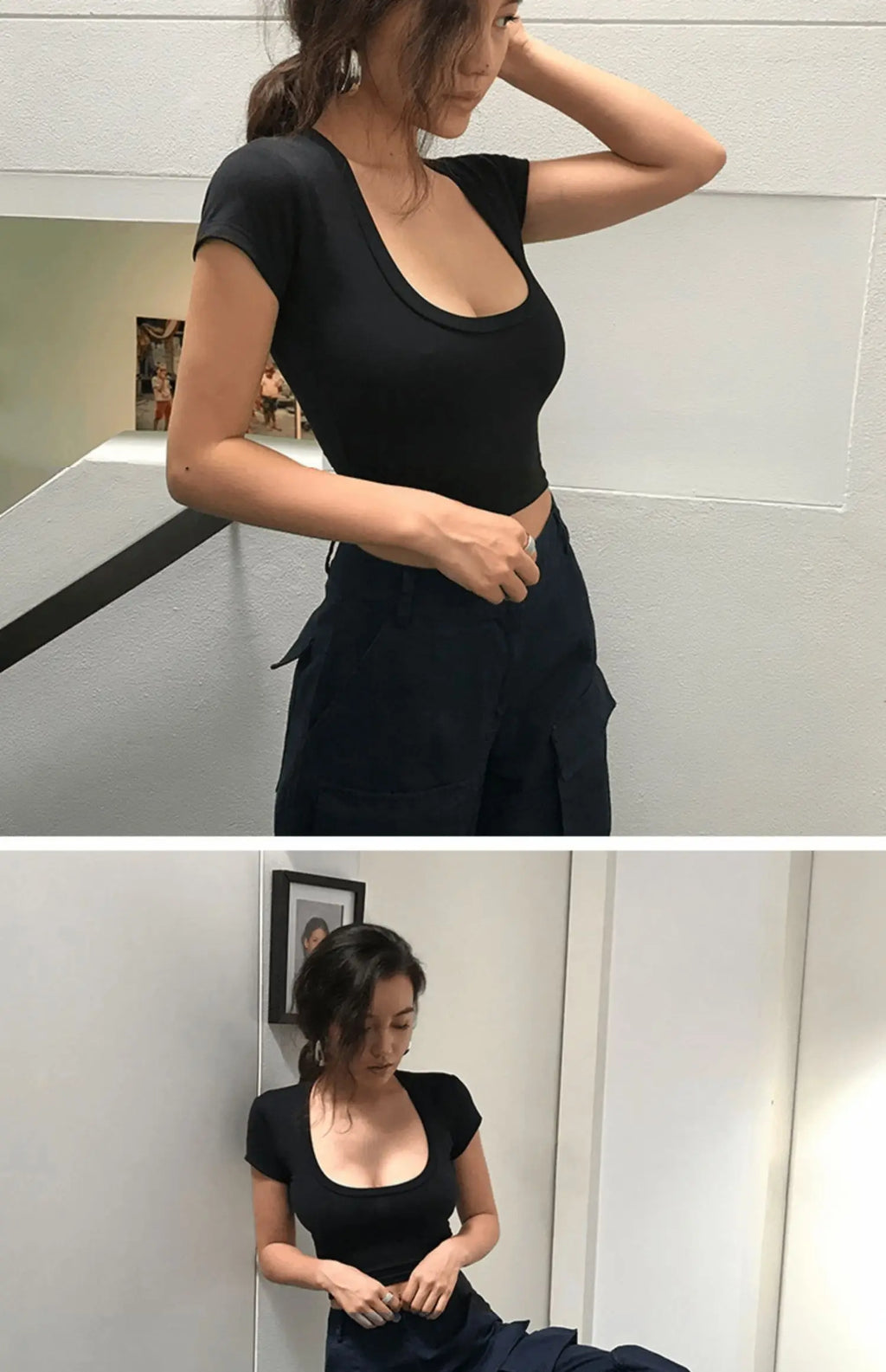 Summer Short Sleeve T-Shirt Women's High Waist Wide Leg Pants U-Neck Short Top Trendy Korean Style Commute Pure Color Shirt