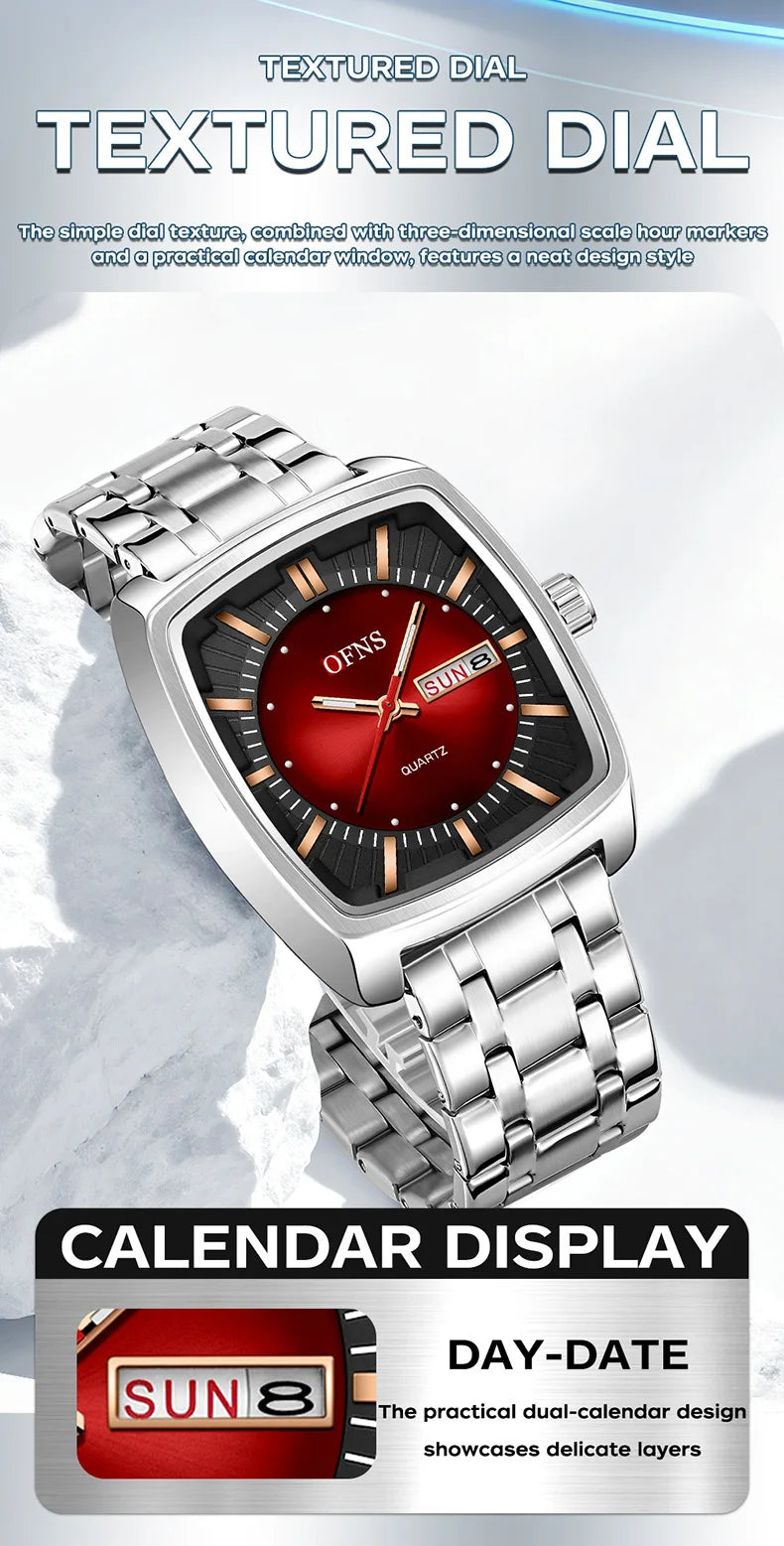 2026 Fashion Ofns Top Brand Simple Full Steel Belt Quartz Watch High Value Wine Barrel Square Waterproof Luminous Business Men's