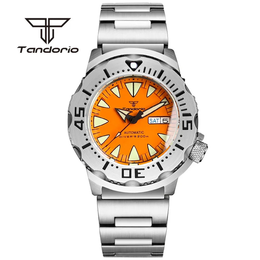 Tandorio Monster Dive NH36 42mm Mechanical Automatic Men Watch 20ATM AR Sapphire Crystal Wristwatch Date Week Green Luminous