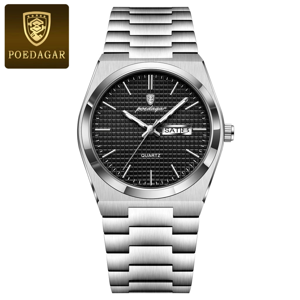 POEDAGAR Luxury Fashion Male Watch Stainless Steel Waterproof Luminous Men's Quartz Watches Casual Date Week Wristwatch For Men