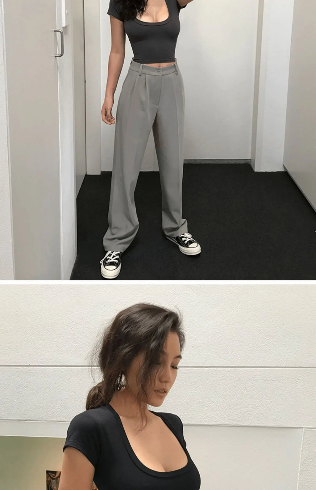 Summer Short Sleeve T-Shirt Women's High Waist Wide Leg Pants U-Neck Short Top Trendy Korean Style Commute Pure Color Shirt
