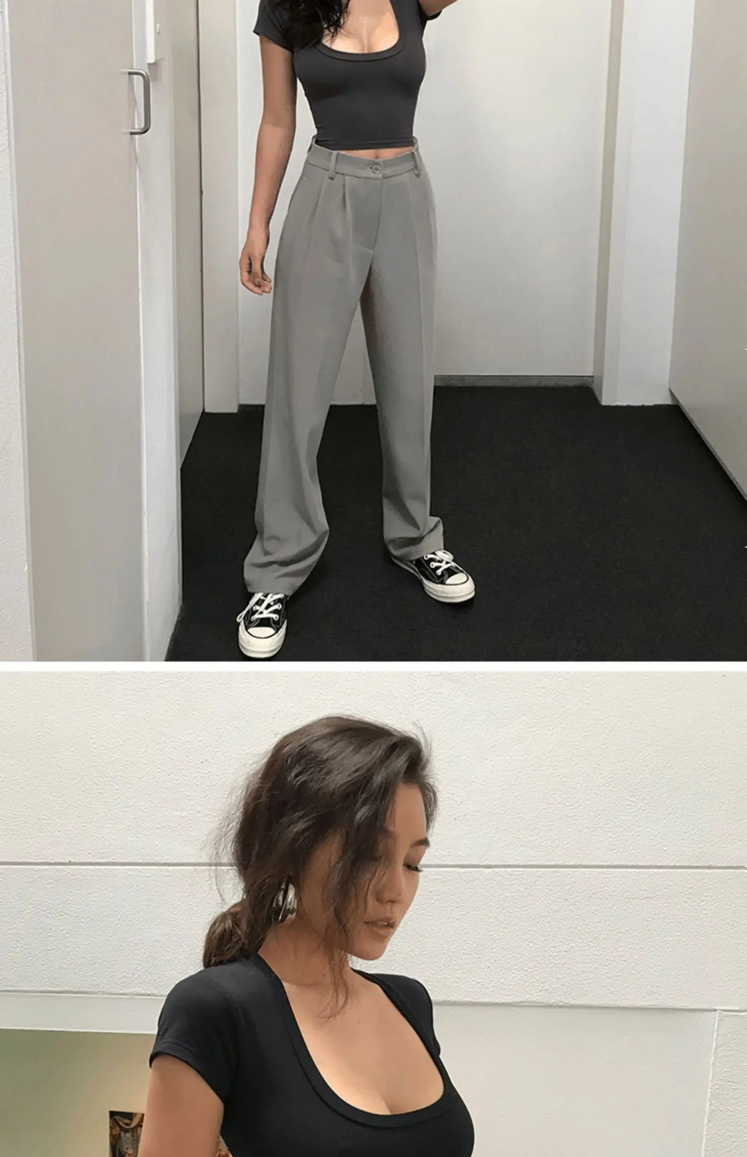 Summer Short Sleeve T-Shirt Women's High Waist Wide Leg Pants U-Neck Short Top Trendy Korean Style Commute Pure Color Shirt