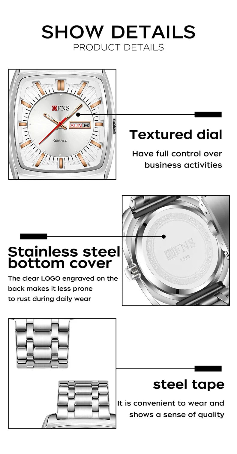 2026 Fashion Ofns Top Brand Simple Full Steel Belt Quartz Watch High Value Wine Barrel Square Waterproof Luminous Business Men's