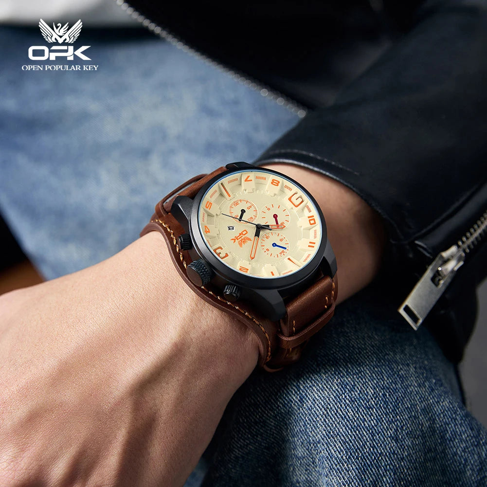 OPK 6091 Man Watch 47mm Large Dial Chronograph Date Waterproof Watches Original Leather Strap Fashion Retro Quartz Watch for Men