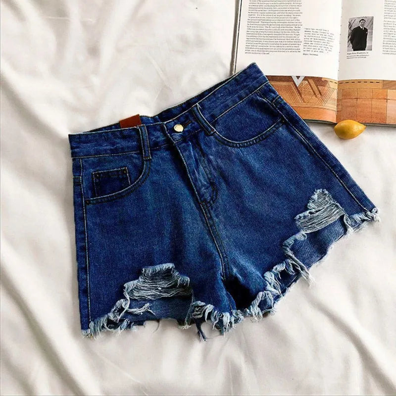 Koreanische Denim-Shorts für Damen, Sommer, modisch, lässig, hohe Taille, zerrissene Jeans, Tasche, Quaste, Y2K Hot Pants, Streetwear, blaue Hose