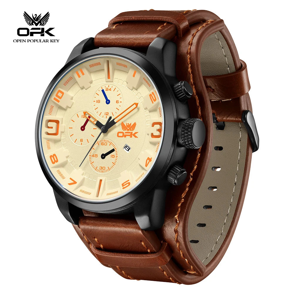 OPK 6091 Man Watch 47mm Large Dial Chronograph Date Waterproof Watches Original Leather Strap Fashion Retro Quartz Watch for Men