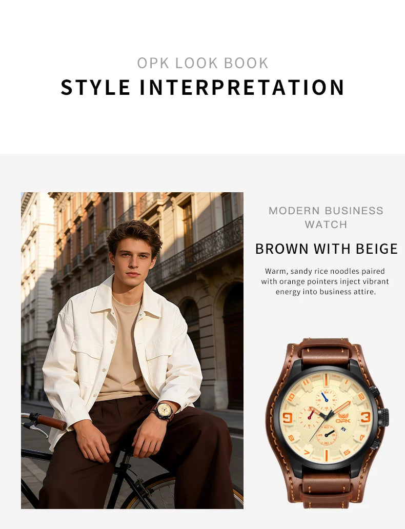 OPK 6091 Man Watch 47mm Large Dial Chronograph Date Waterproof Watches Original Leather Strap Fashion Retro Quartz Watch for Men
