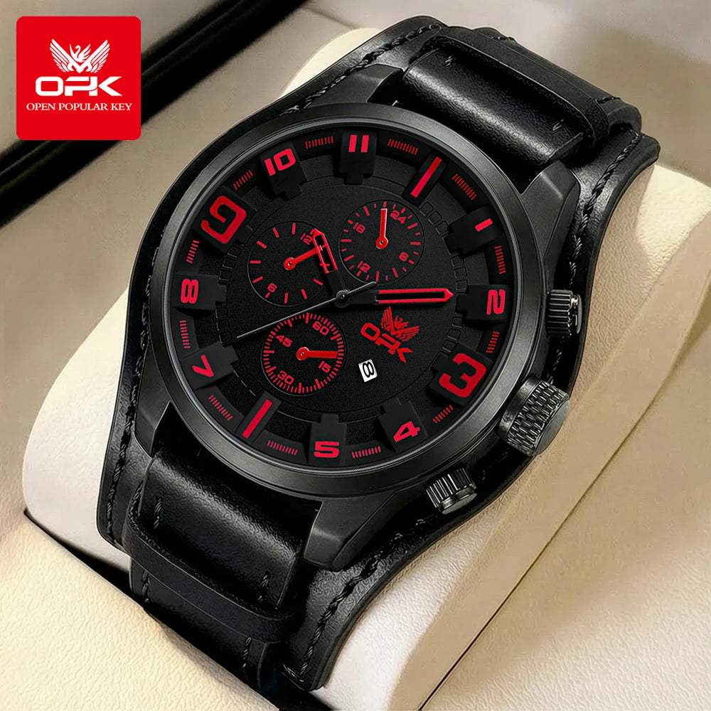 OPK 6091 Man Watch 47mm Large Dial Chronograph Date Waterproof Watches Original Leather Strap Fashion Retro Quartz Watch for Men