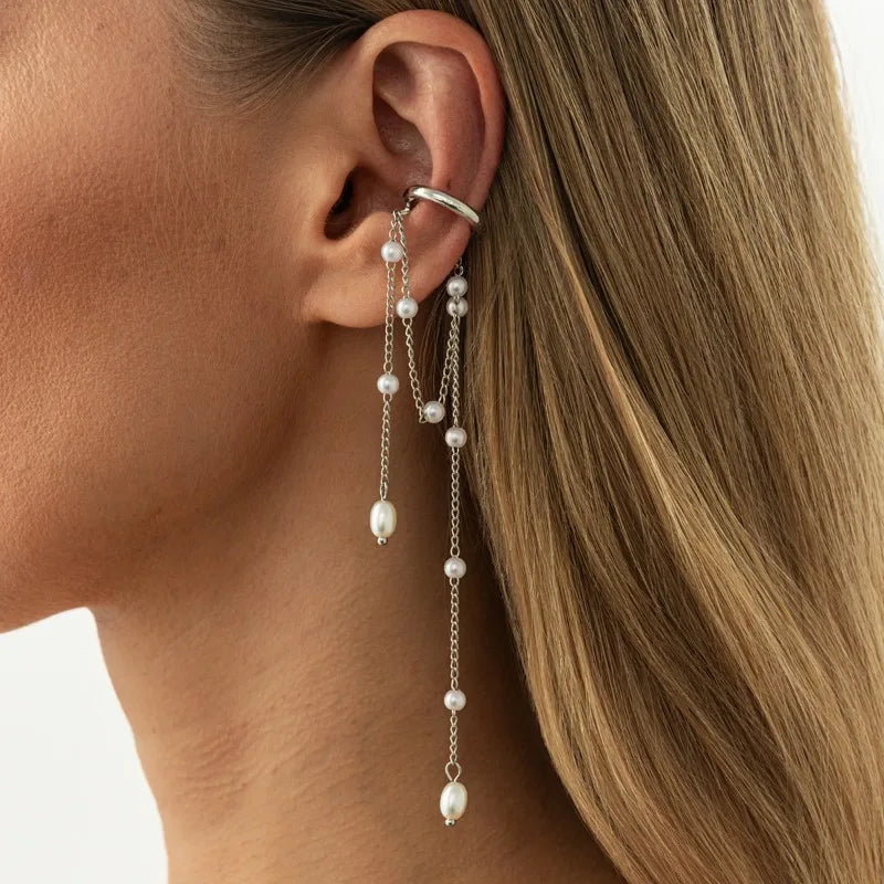 Imitation Pearl Metal Chain Long Tassel C - Shaped No Ear Holes Earbone Clip for Women Temperament Clip Earrings Jewelry Korean