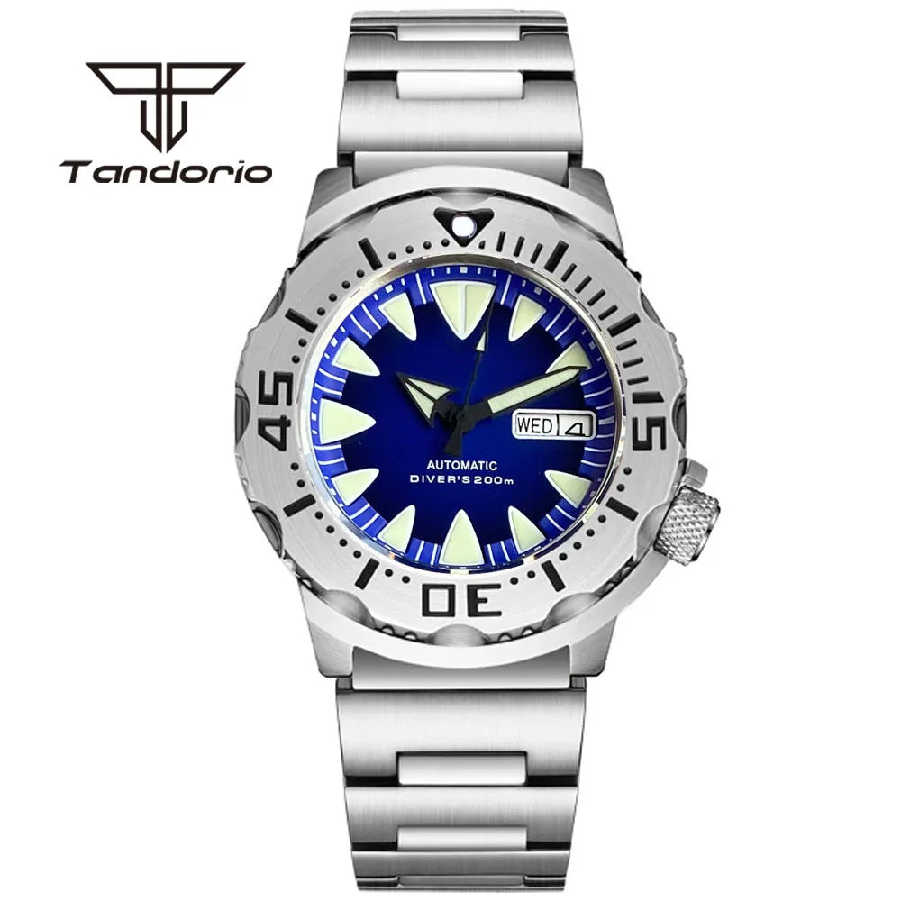 Tandorio Monster Dive NH36 42mm Mechanical Automatic Men Watch 20ATM AR Sapphire Crystal Wristwatch Date Week Green Luminous