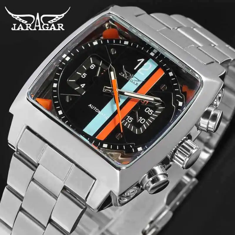 JARAGAR 569 Retro Square Dial Unique Men's Automatic Mechanical Watch Calendar Week Steel Strap Casual Men's Clock reloj hombre