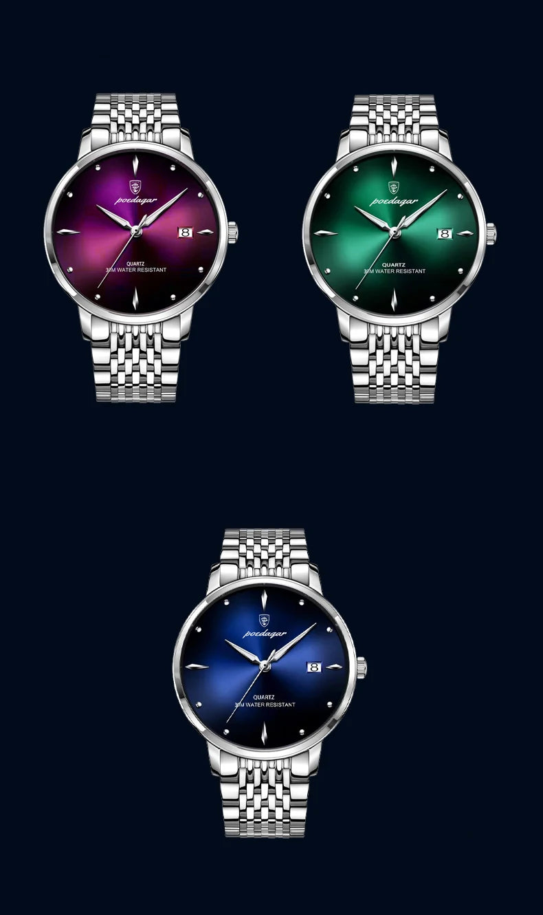 POEDAGAR Business Men's Watches Stainless Steel Date Men Watch Waterproof Luminous Fashion Casual Quartz Man Wristwatch+Gift Box