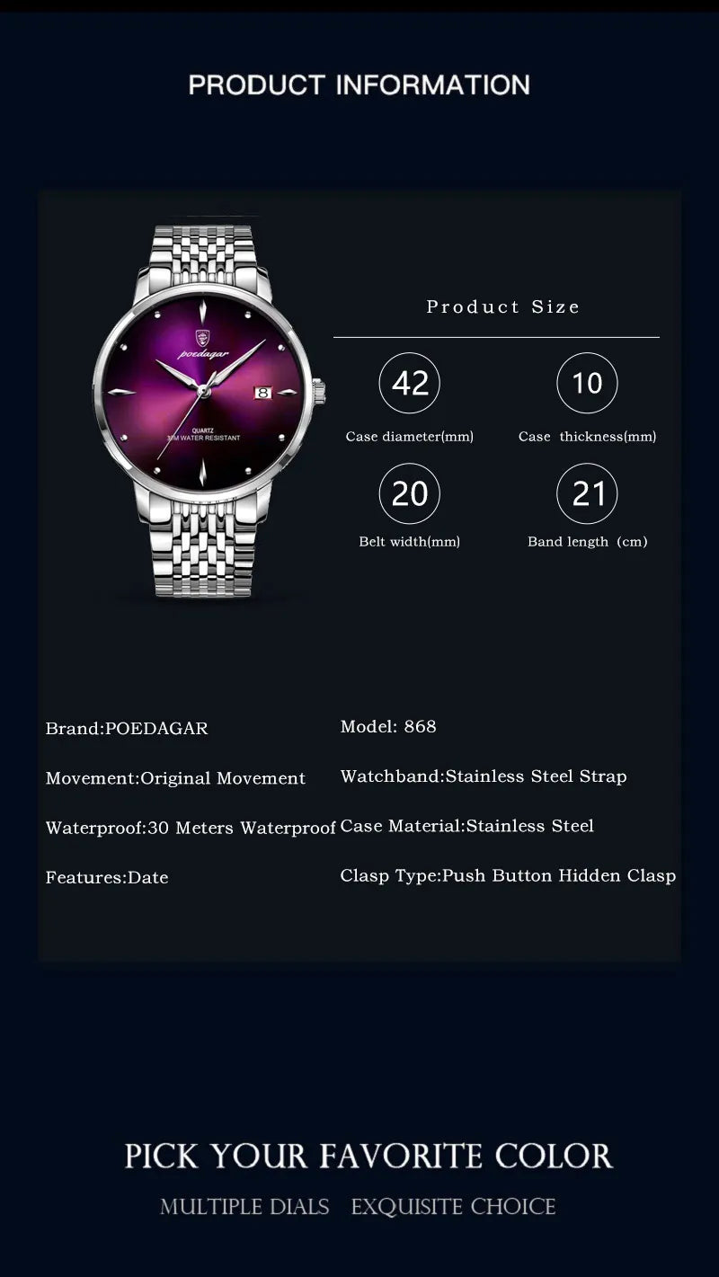 POEDAGAR Business Men's Watches Stainless Steel Date Men Watch Waterproof Luminous Fashion Casual Quartz Man Wristwatch+Gift Box