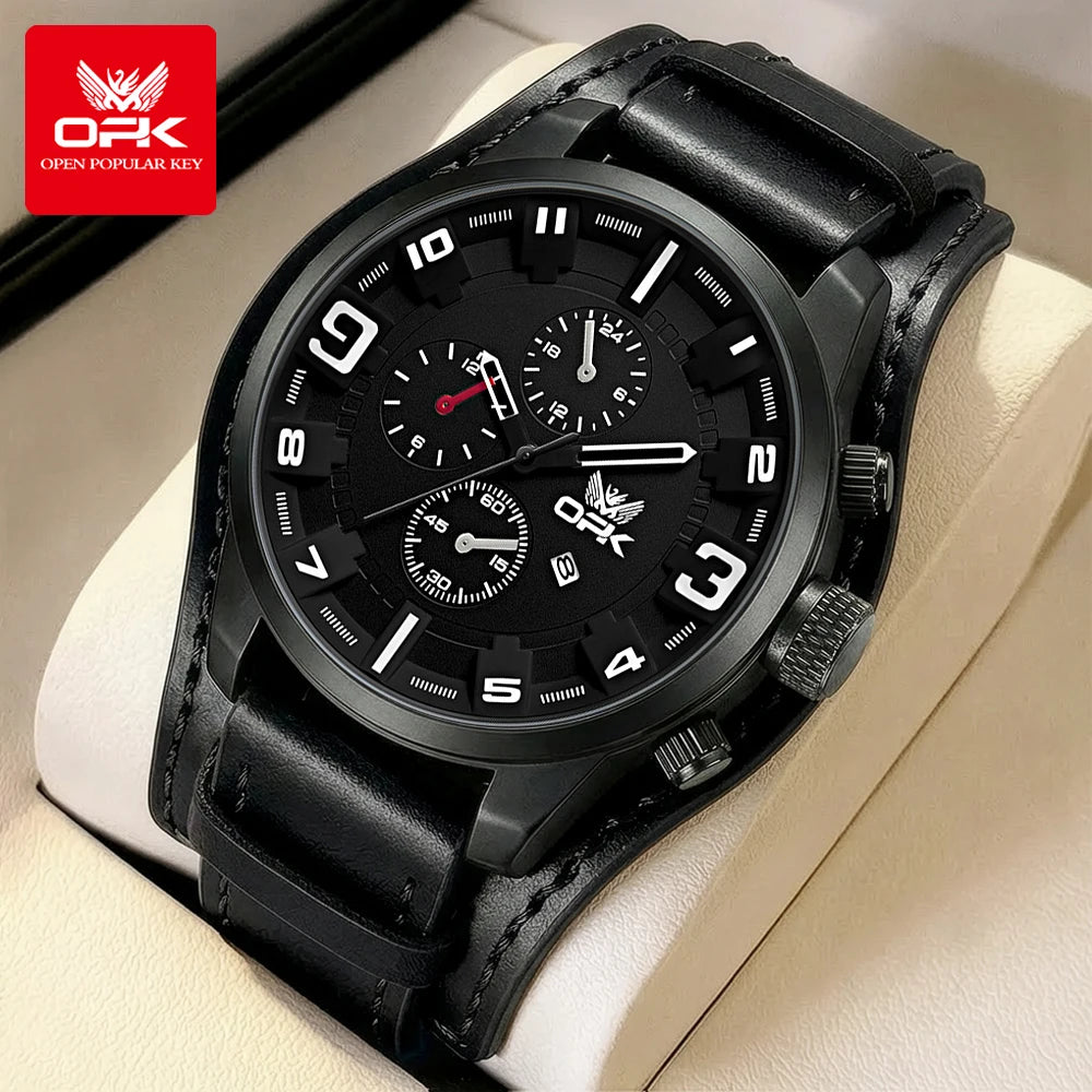 OPK 6091 Man Watch 47mm Large Dial Chronograph Date Waterproof Watches Original Leather Strap Fashion Retro Quartz Watch for Men