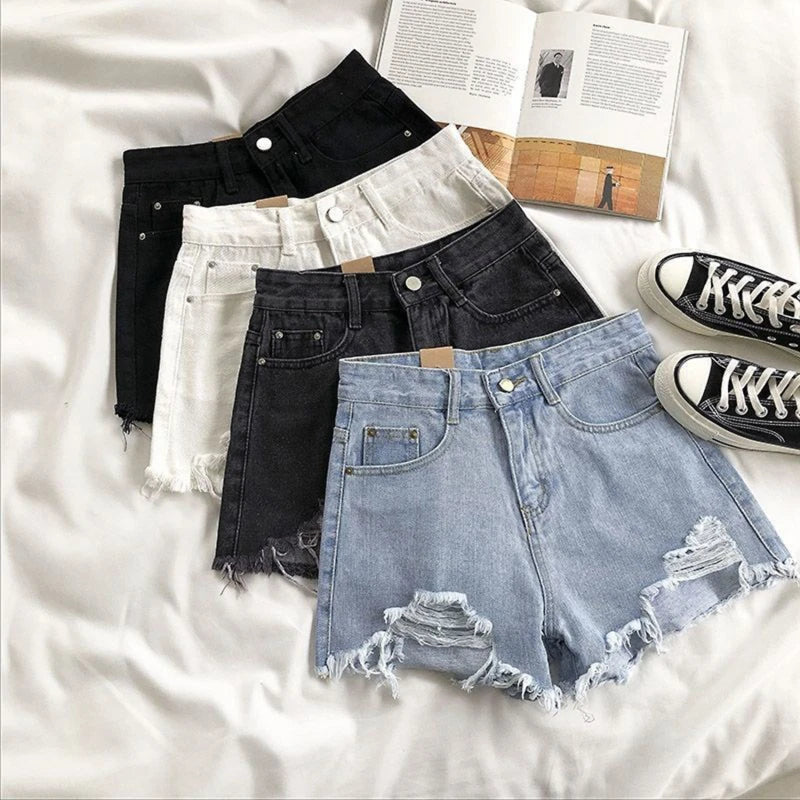 Koreanische Denim-Shorts für Damen, Sommer, modisch, lässig, hohe Taille, zerrissene Jeans, Tasche, Quaste, Y2K Hot Pants, Streetwear, blaue Hose