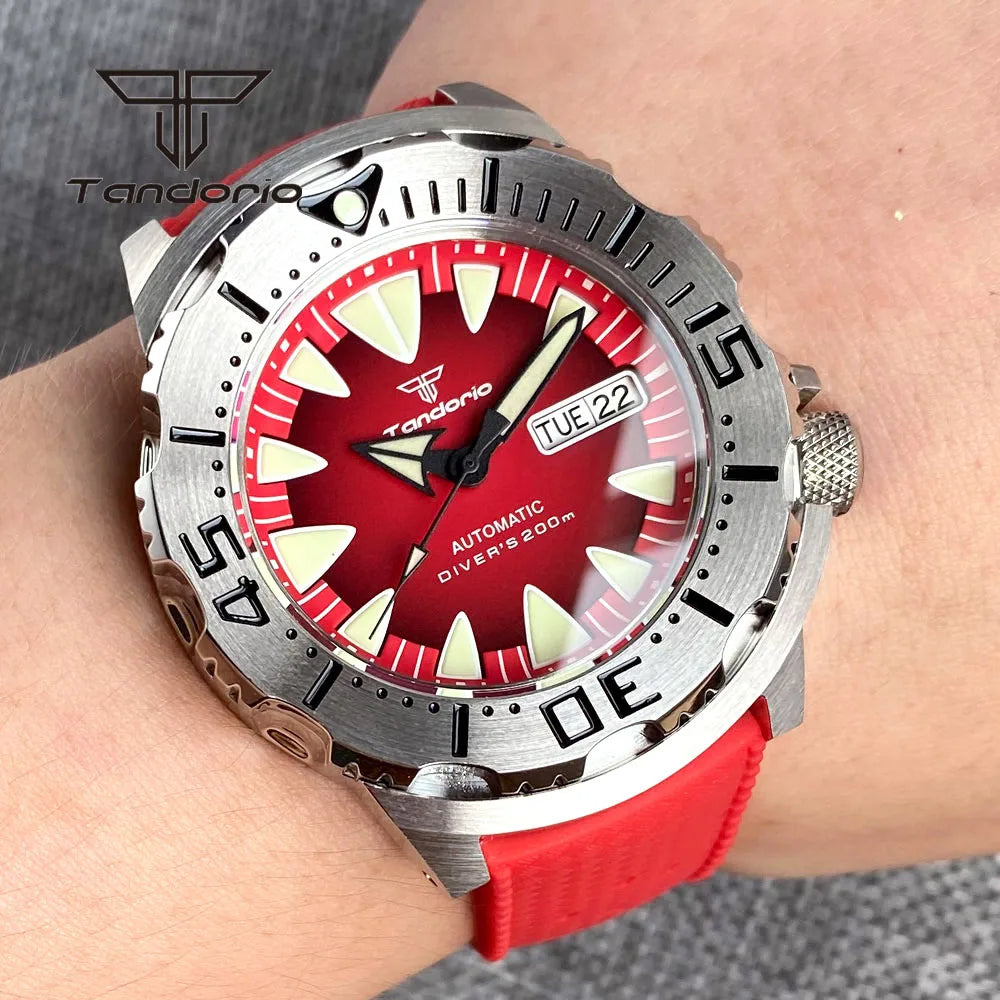Tandorio Monster Dive NH36 42mm Mechanical Automatic Men Watch 20ATM AR Sapphire Crystal Wristwatch Date Week Green Luminous