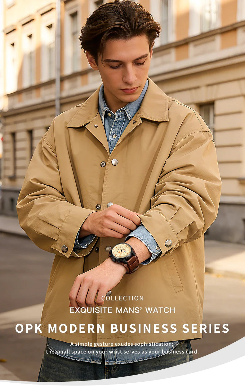OPK 6091 Man Watch 47mm Large Dial Chronograph Date Waterproof Watches Original Leather Strap Fashion Retro Quartz Watch for Men